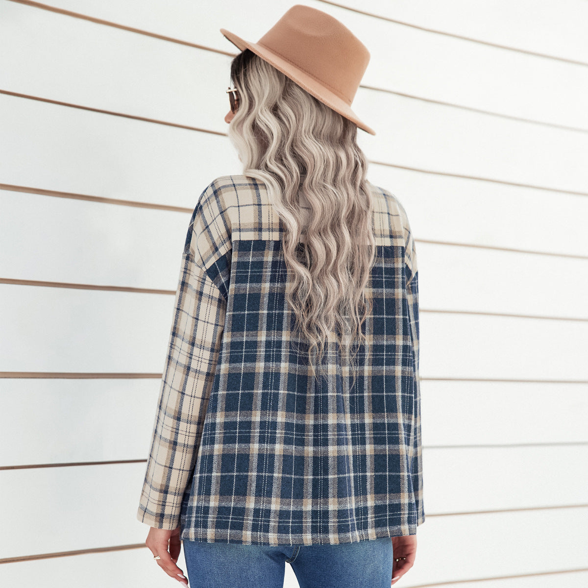 Plaid Color Block Button Up Long Sleeve Shirt