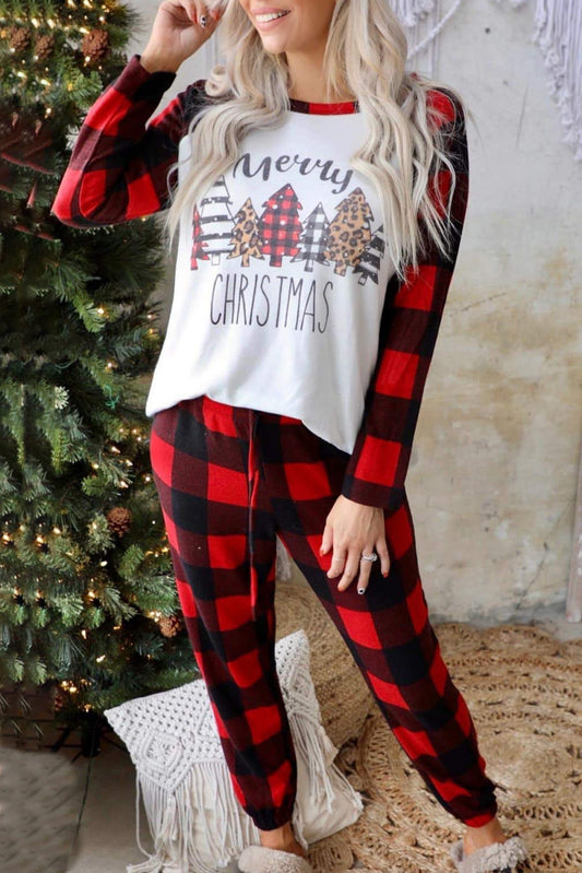 Red Plaid Merry Christmas Graphic Loungewear Set