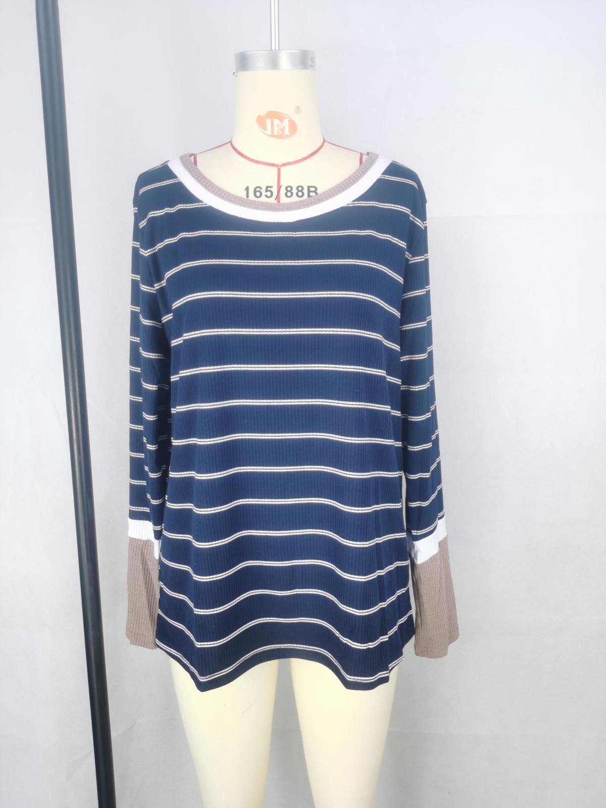 Extend Color Block Cuffs Rib Knit Striped Pullover