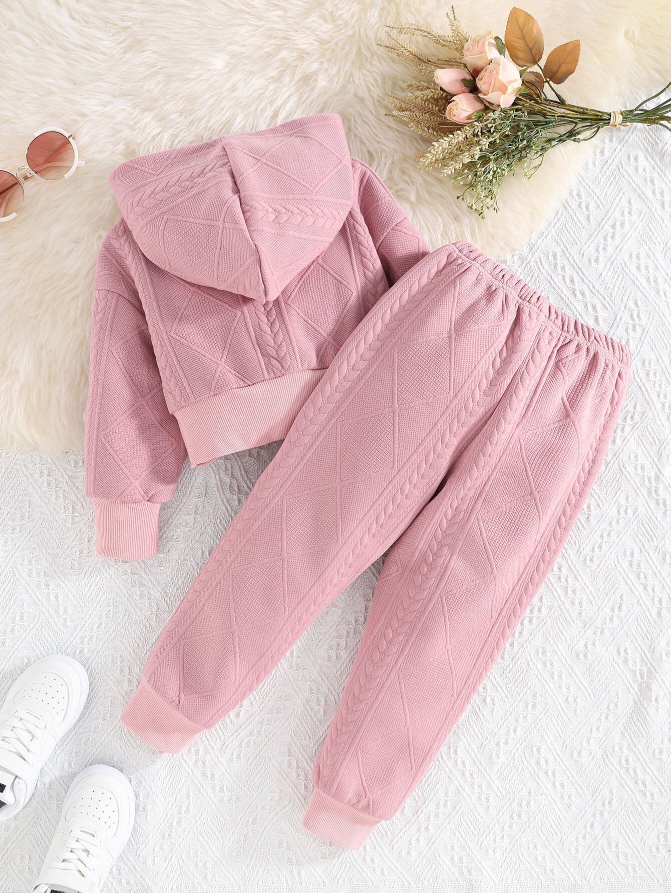 Girls Textured Hooded Jacket and Joggers Set