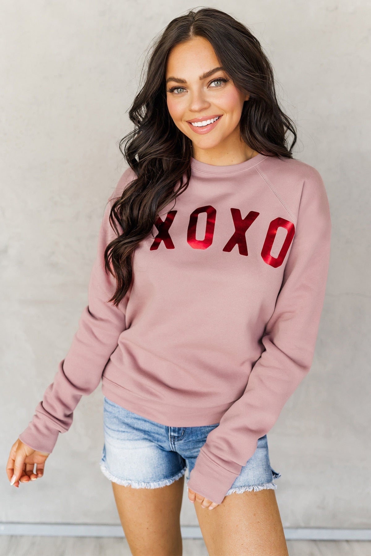 Pink XOXO Glitter Pattern Print Graphic Sweatshirt