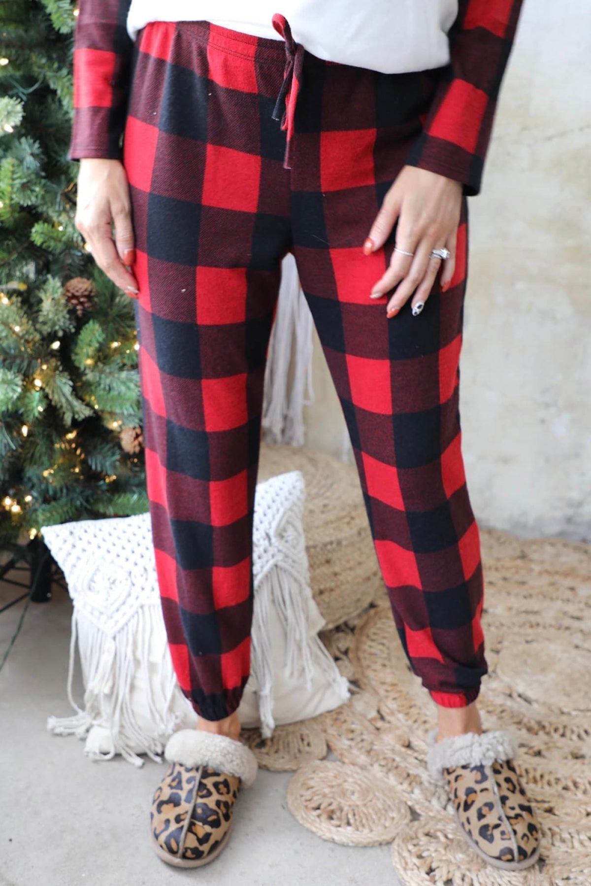 Red Plaid Merry Christmas Graphic Loungewear Set