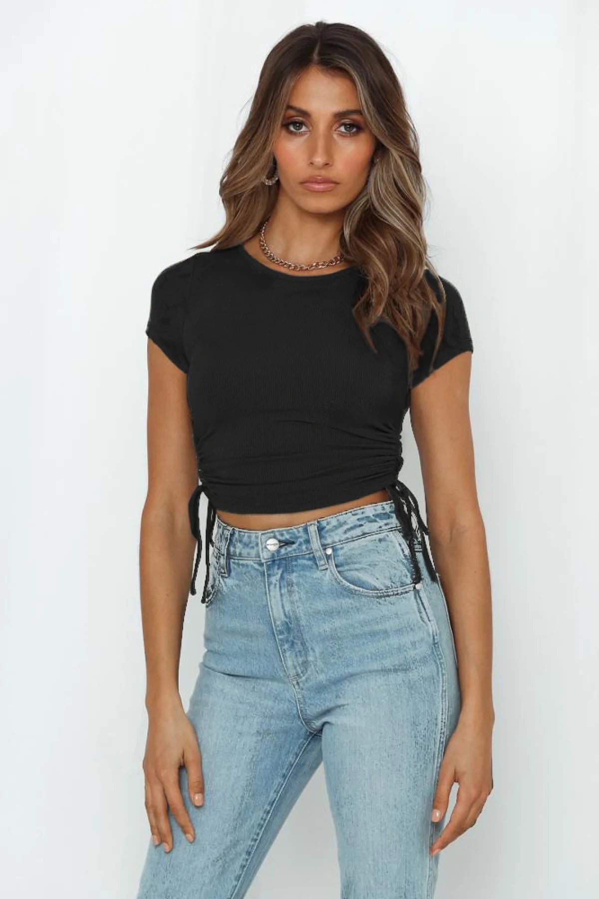 Round Neck Drawstring Rouching Solid Color Crop T-shirt