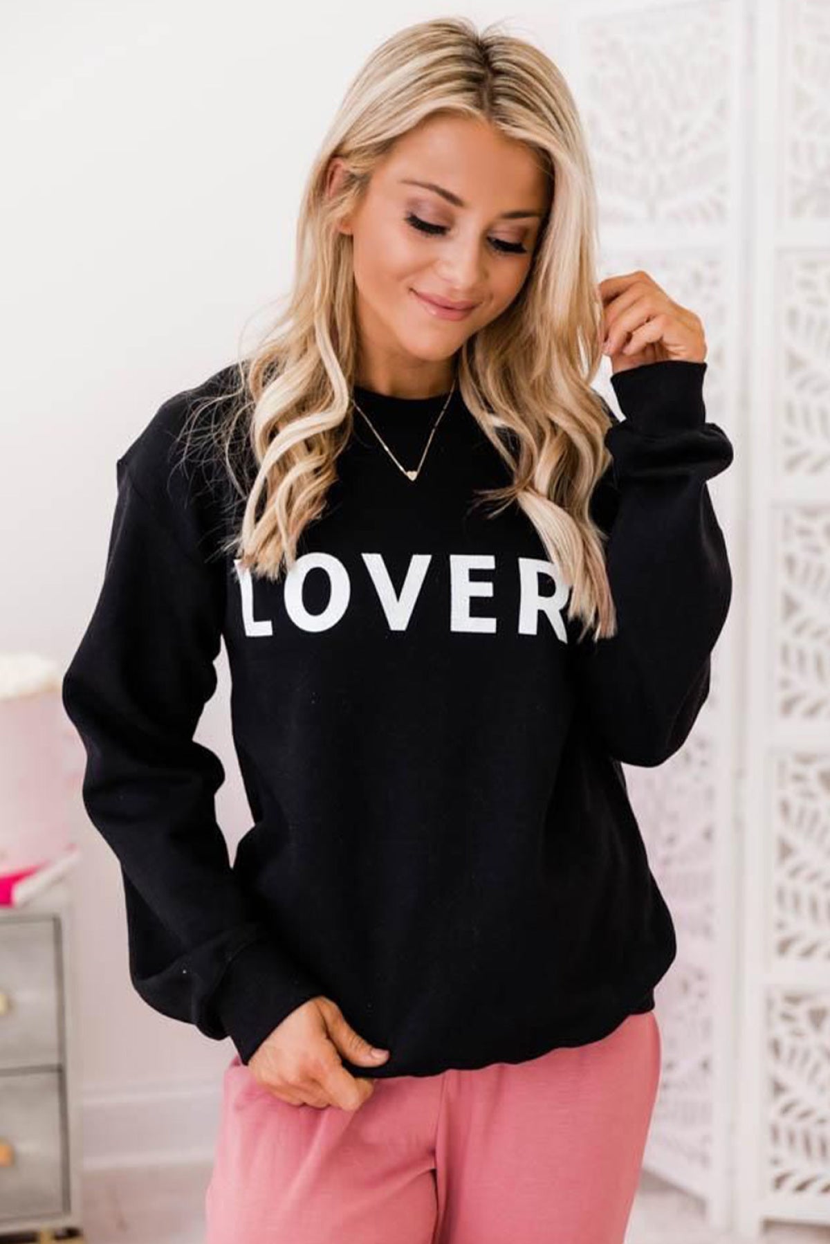 Black LOVER Letter Print Crew Neck Pullover Sweatshirt