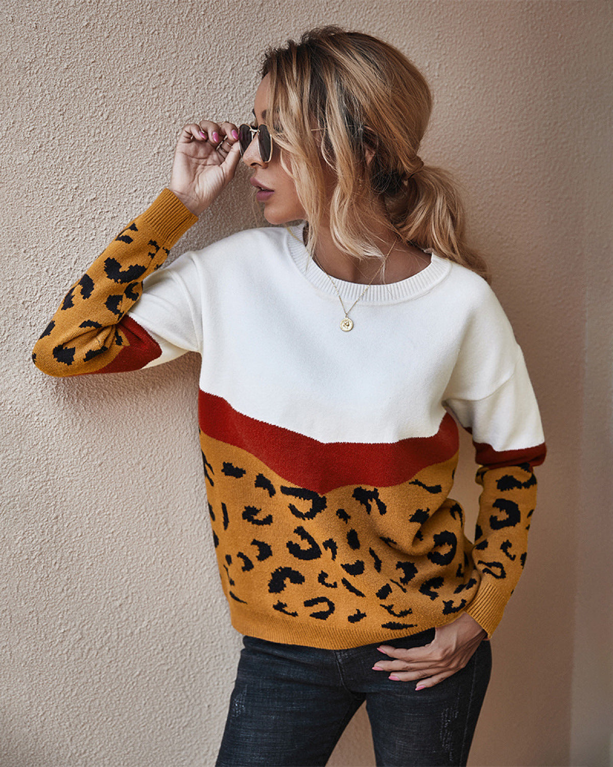 Leopard Round Neck Long Sleeve Sweater