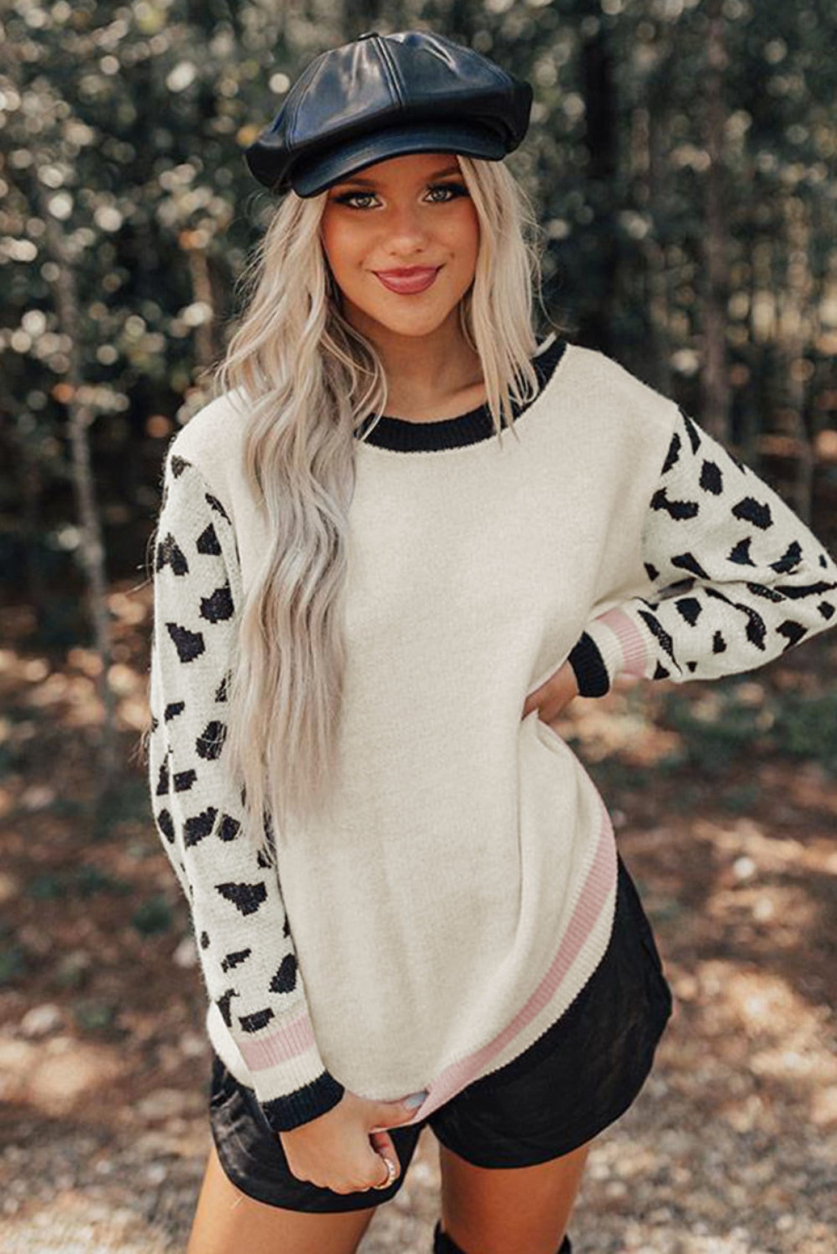 White Leopard Sleeves Contrast Neckline Drop Shoulder Sweater