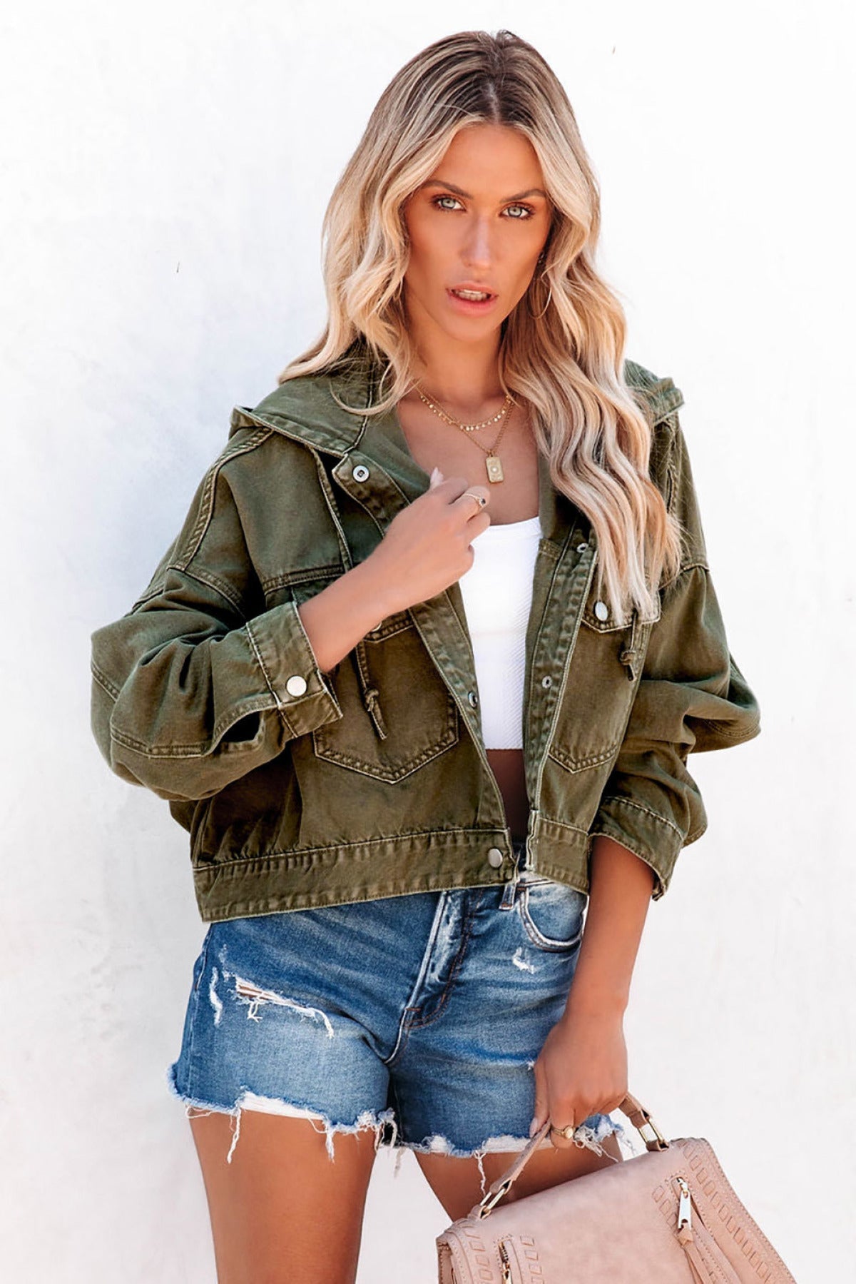 Green Large Pockets Hooded Cropped Denim Jacket