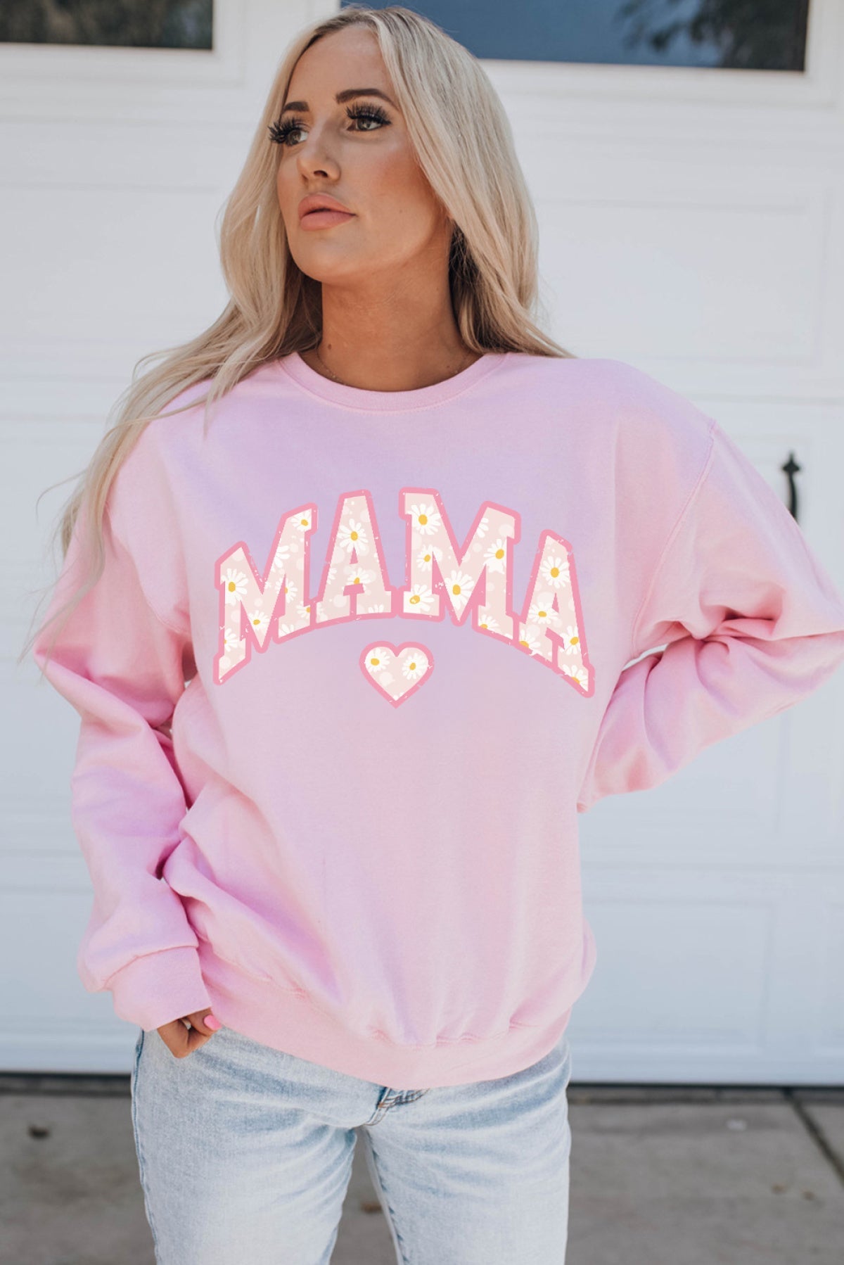 Pink Mama Letter Print Daisy Shading Sweatshirt