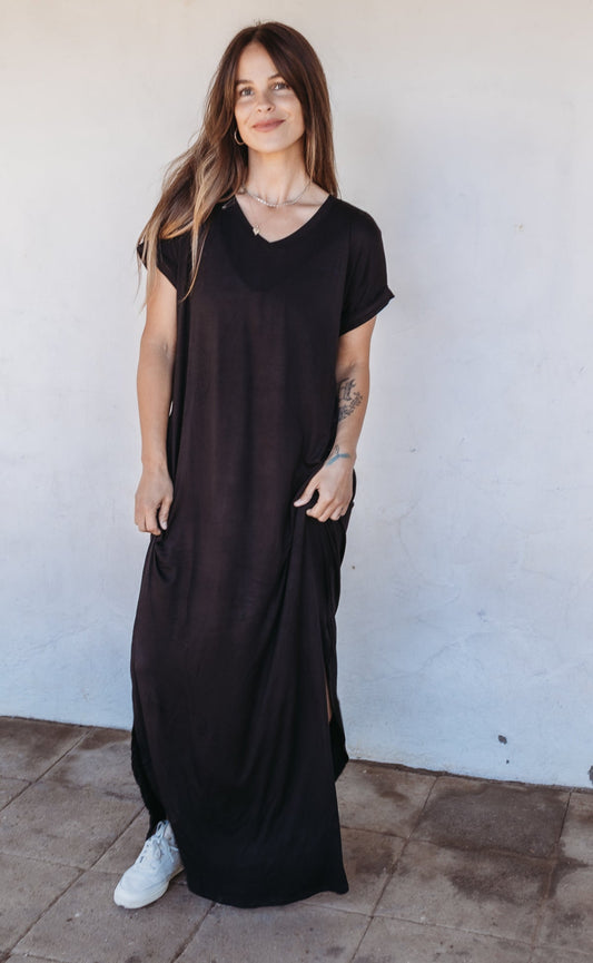 Rae Mode V Neck Basic Side Slit Maxi Dress with Pocket