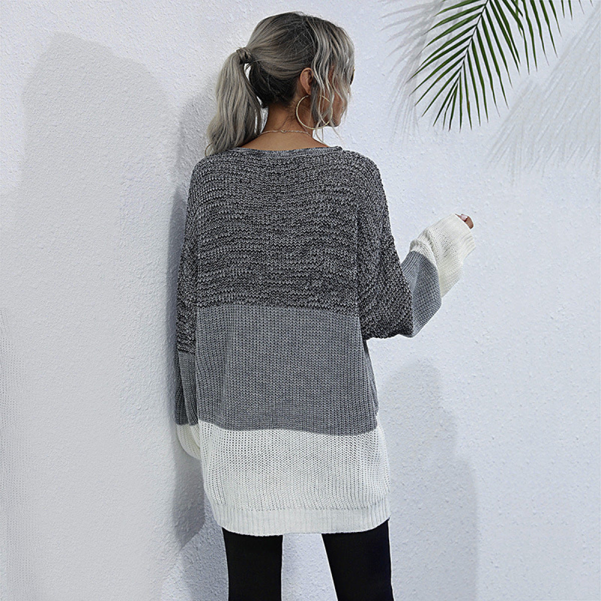 Round Neck Colorblock Long Sleeve Mid-Length Knit Sweater