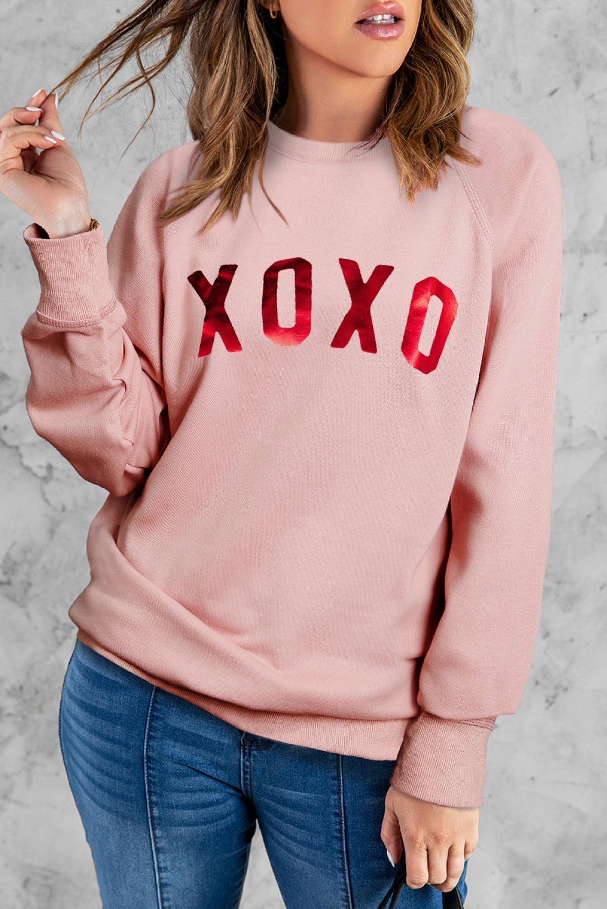 Pink XOXO Glitter Pattern Print Graphic Sweatshirt