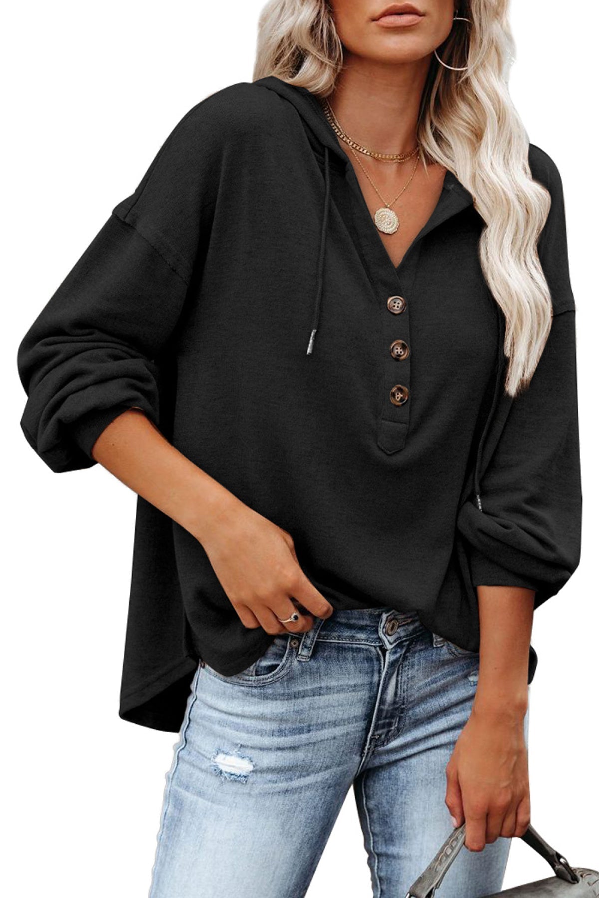 Black Buttoned High And Low Hem Hoodie