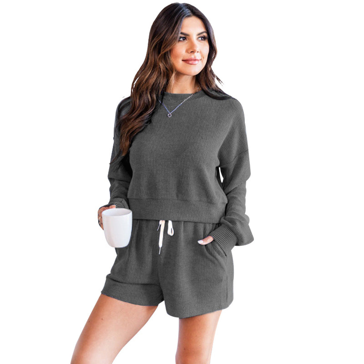 Crew Neck Pullover Long-Sleeved Sweatshirts & Tie Shorts Lounge Sets