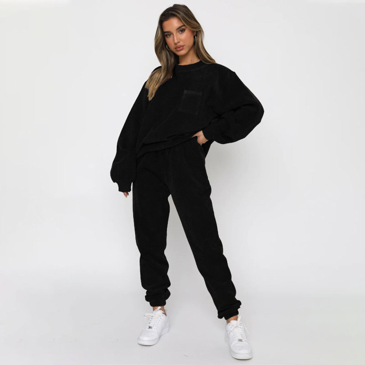 Corduroy Crew Neck Pullover Long Sleeve Sweatshirts & TiePants Two-Piece Sets