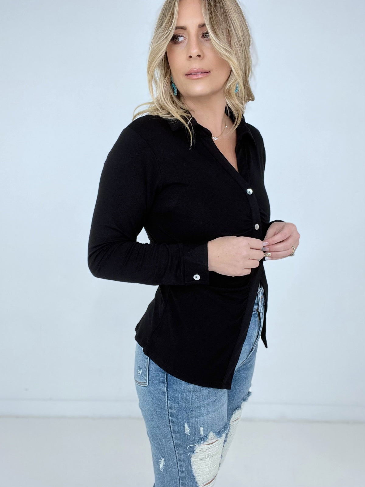 Zenana 'Ruched Romance" Long Sleeve Button Down Top with Ruched Bodice