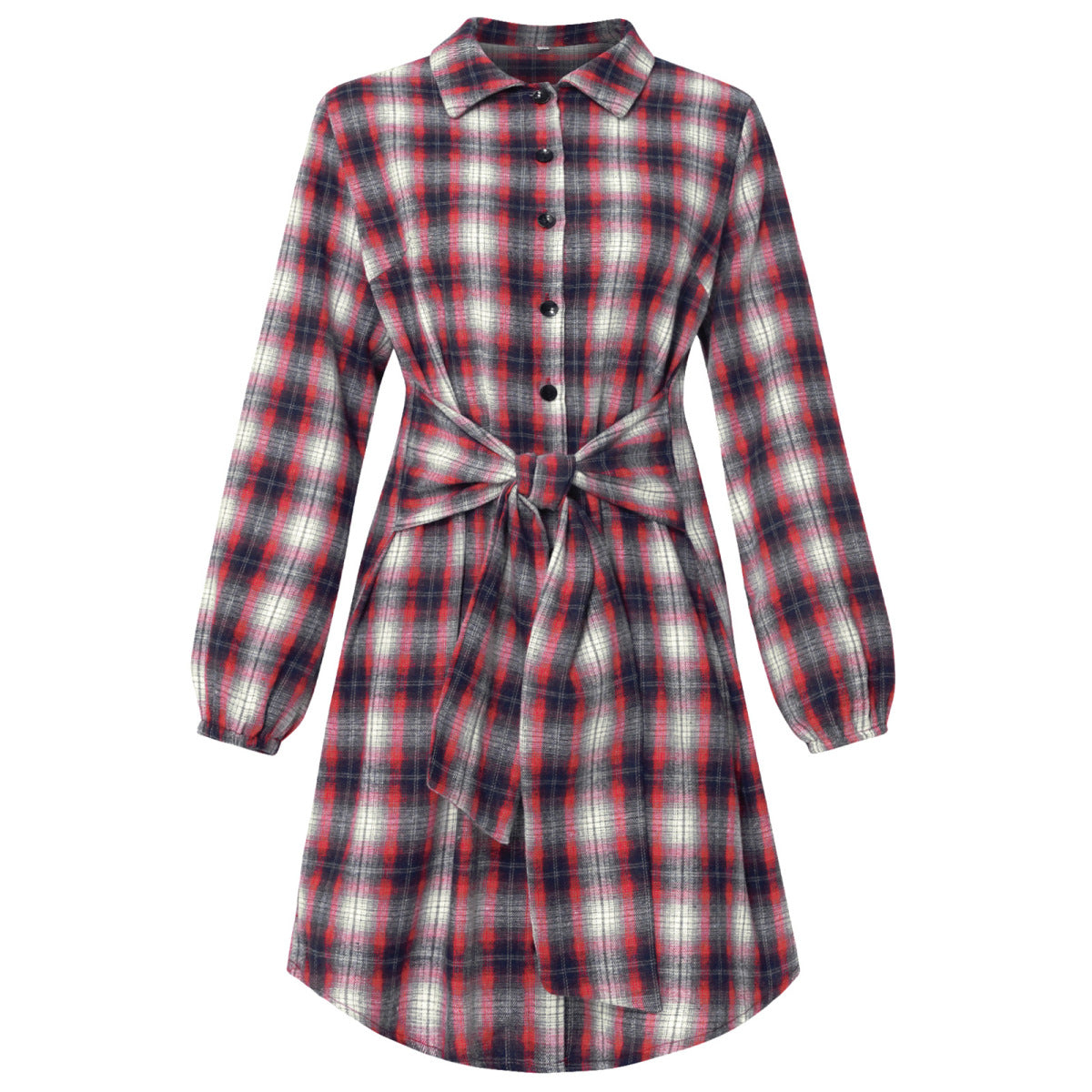 Long Sleeve Plaid Single-Breasted Shirt Dress with Belt