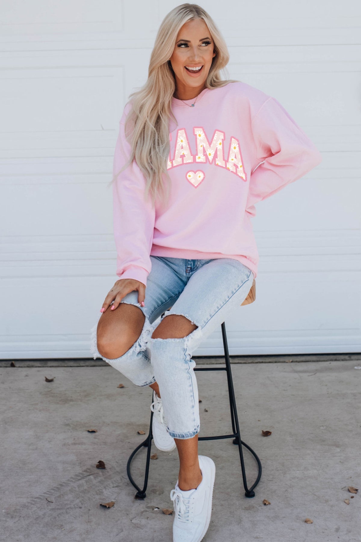 Pink Mama Letter Print Daisy Shading Sweatshirt