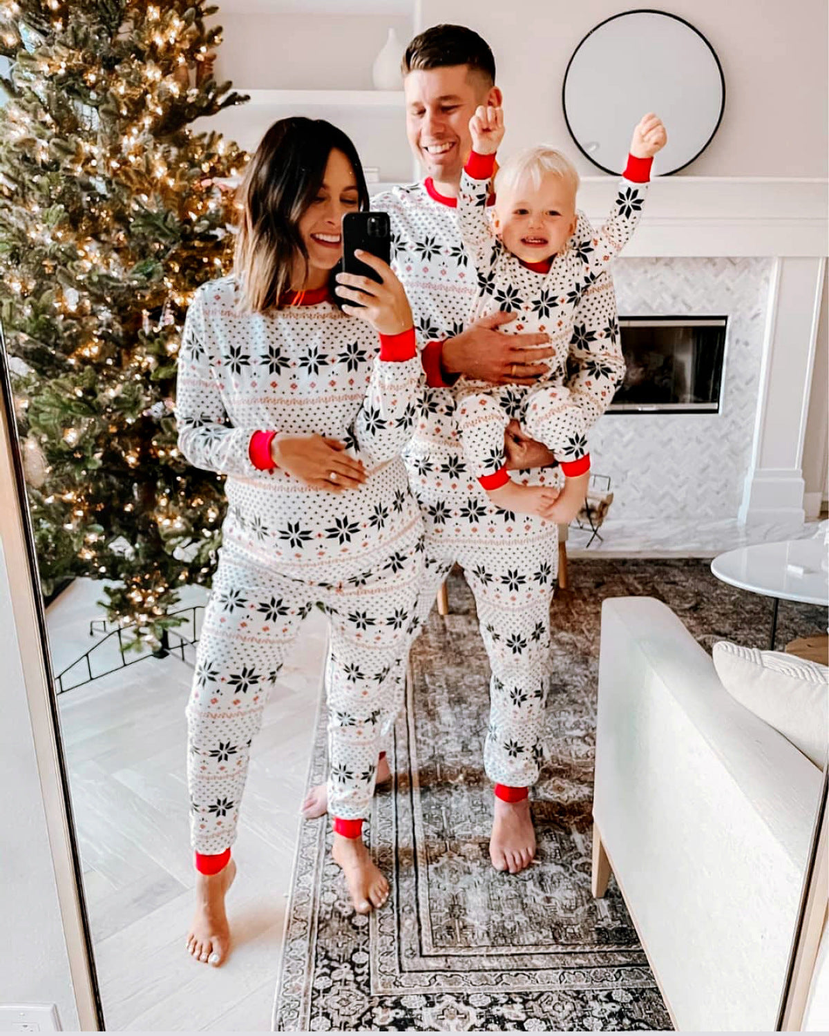 Crew Neck Christmas Pattern Colorblock Matching Set