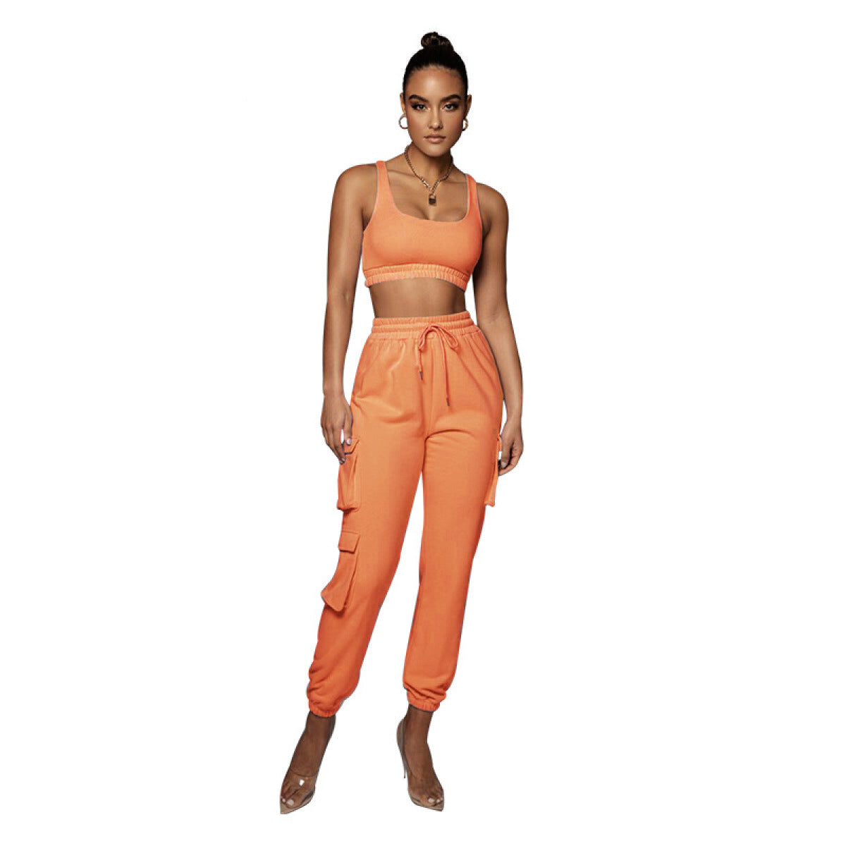 U-neck Bra & Drawstring Sweatpants Two-Piece Active Sets With Pocket