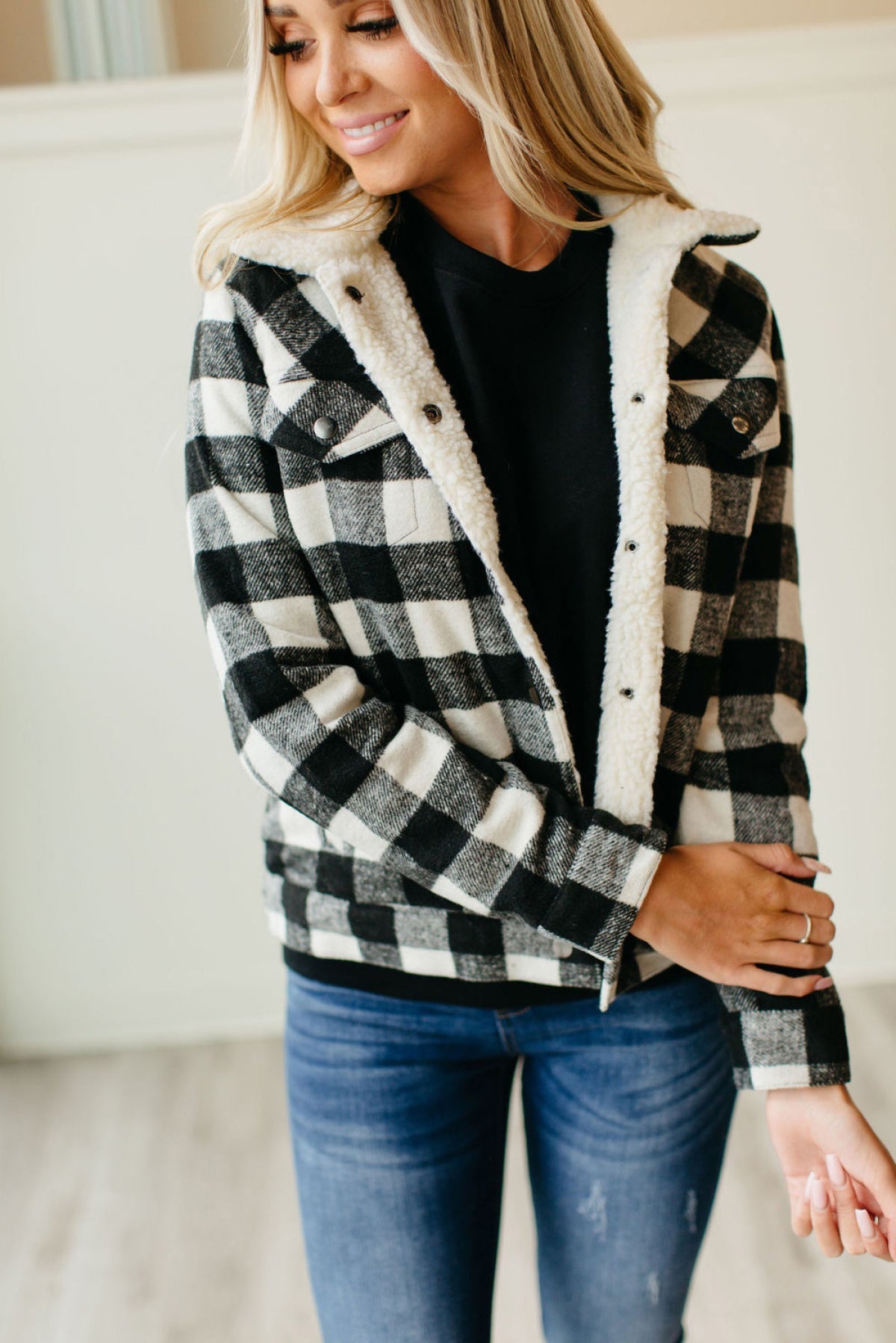 Plaid Print Fleece Button Jacket