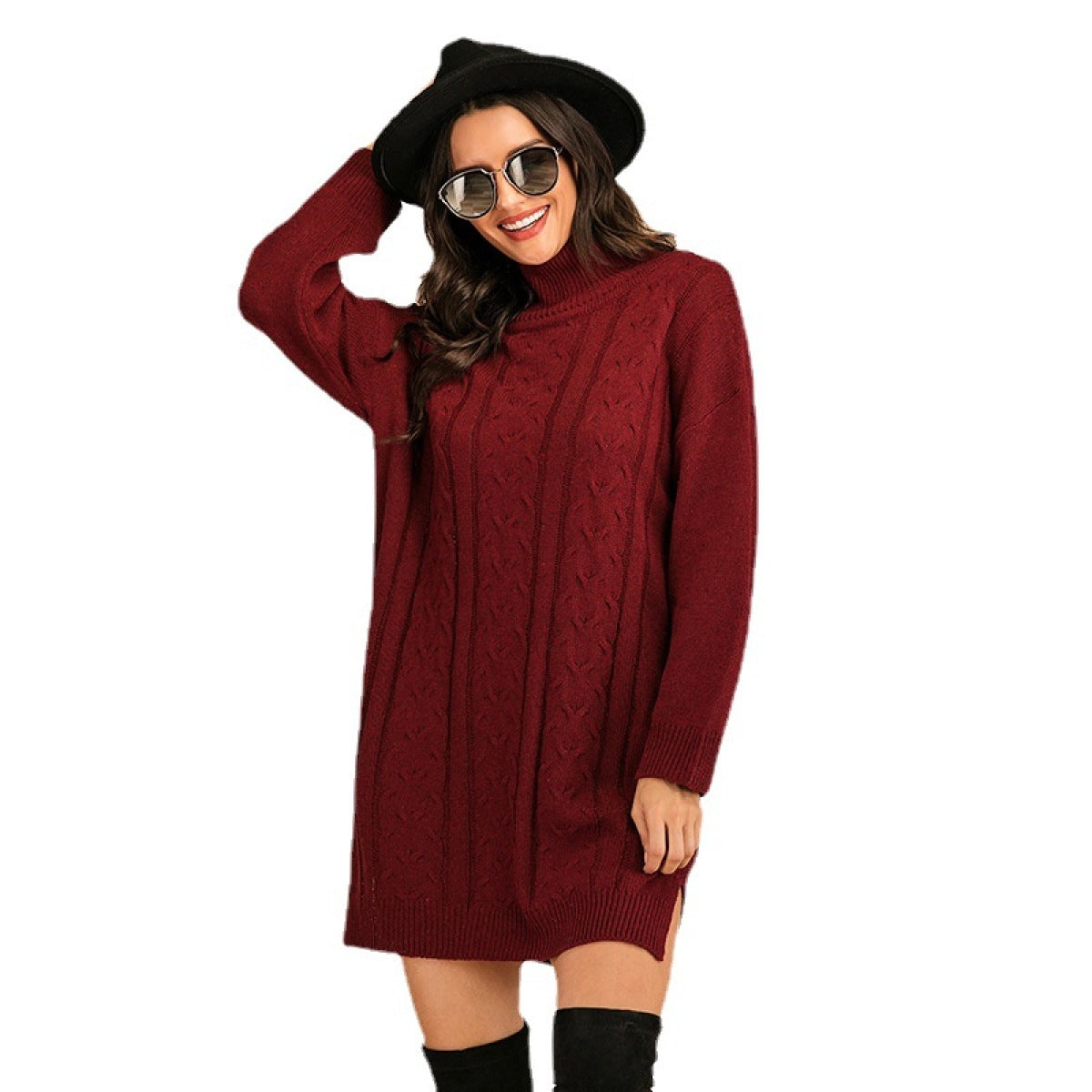 Burgundy Turtleneck Cable Knitted Slit Sweater Dress