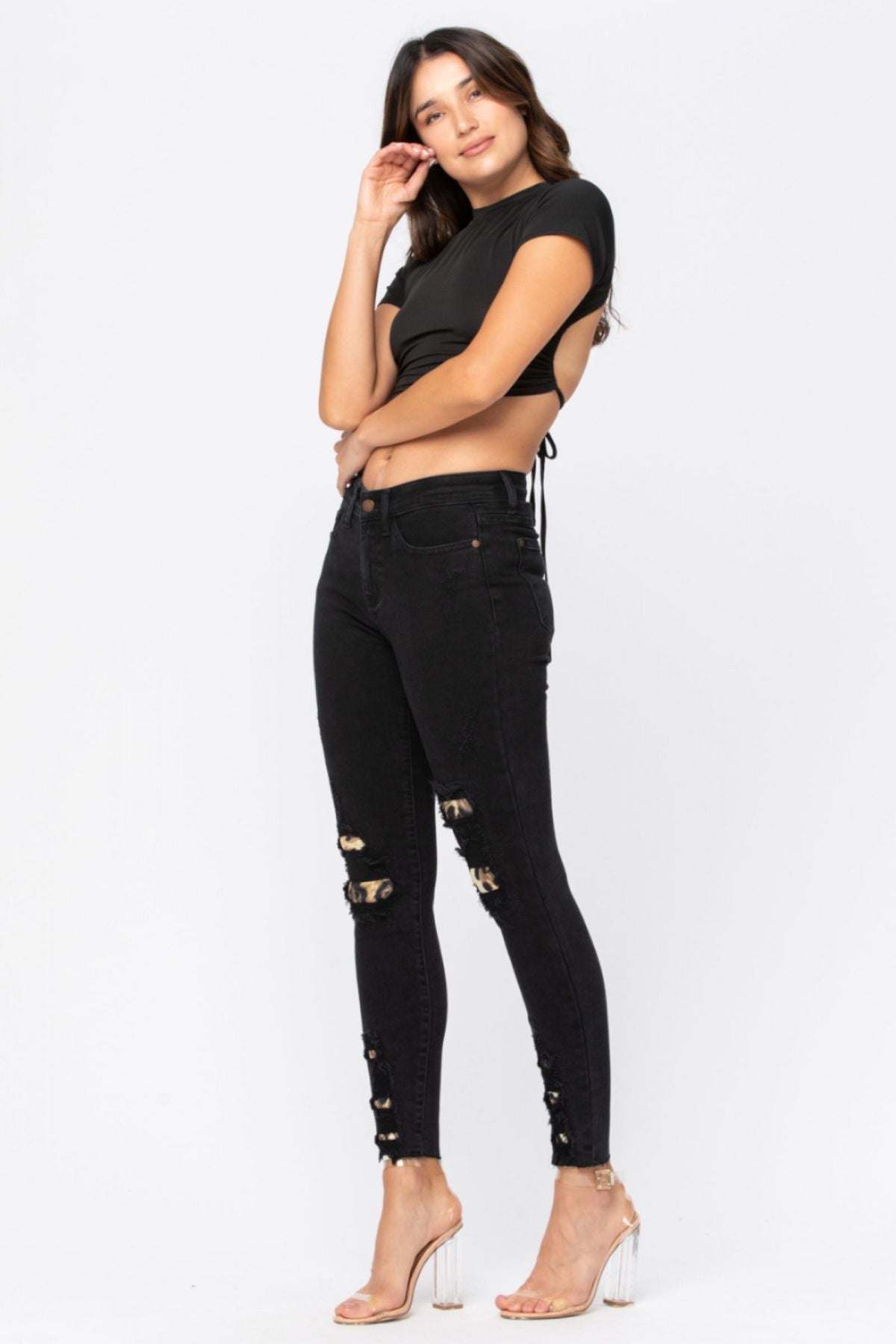 Judy Blue Black Midrise Leopard Patch Skinny Jeans