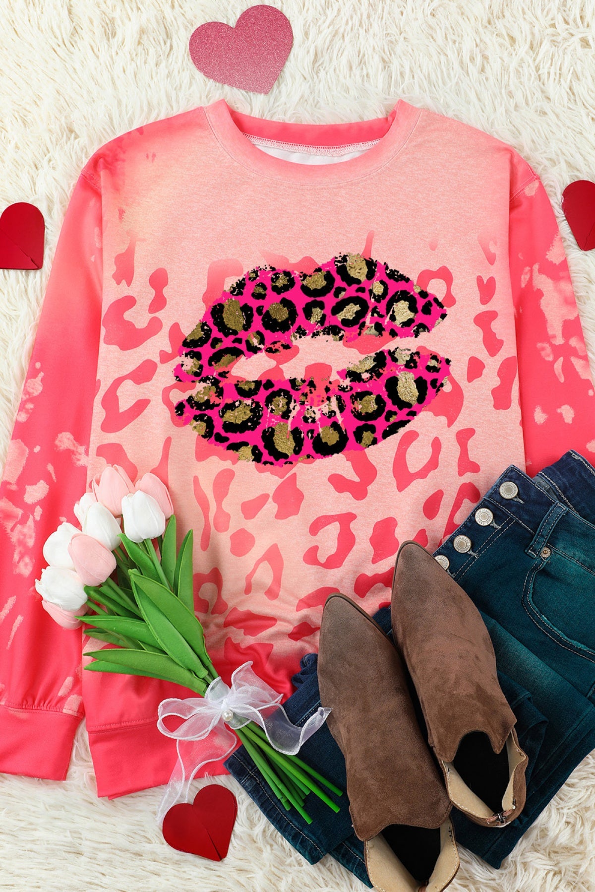 Pink Shining Leopard Lips Print Vintage Bleached Sweatshirt