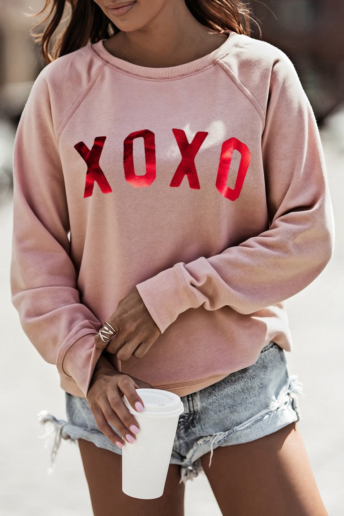 Pink XOXO Glitter Pattern Print Graphic Sweatshirt