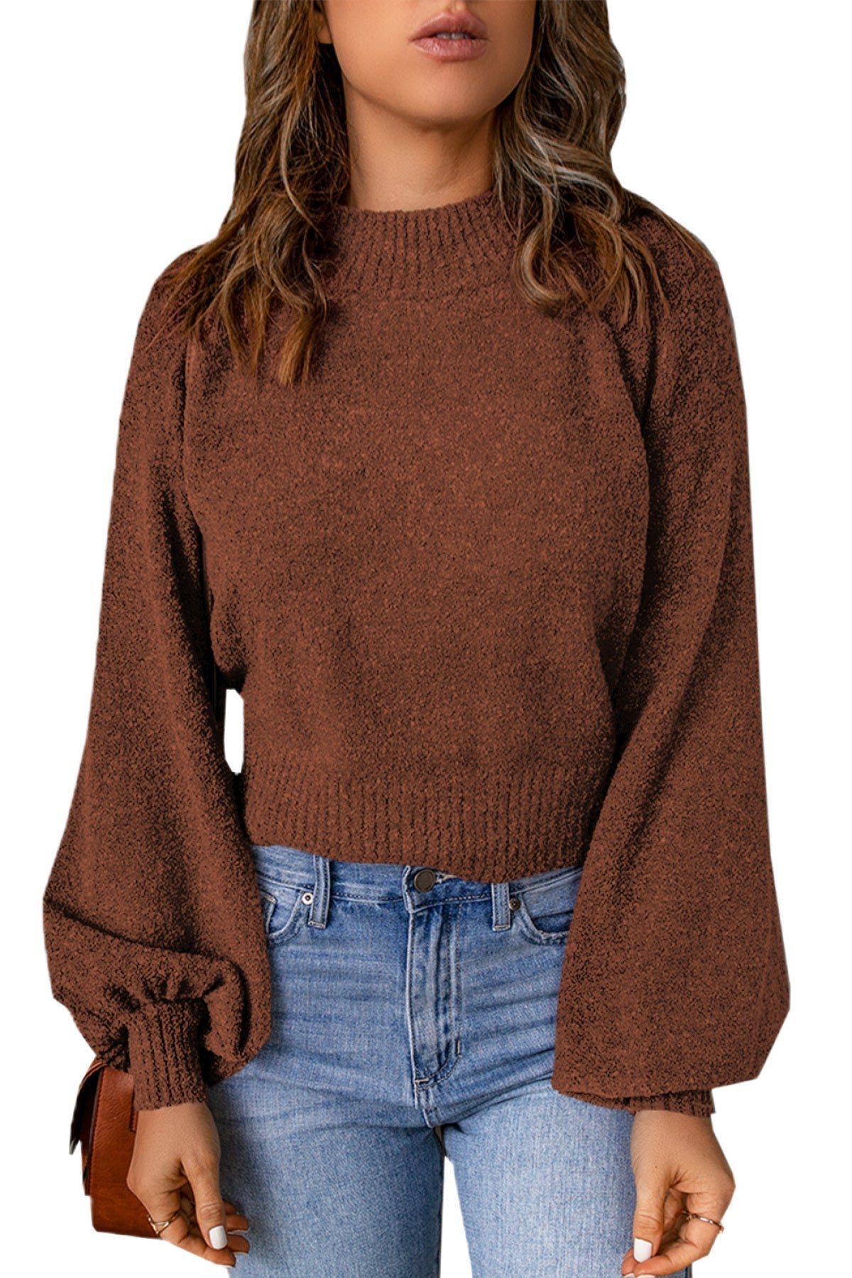 Brown Solid Color Lantern Sleeve Knitted Sweater