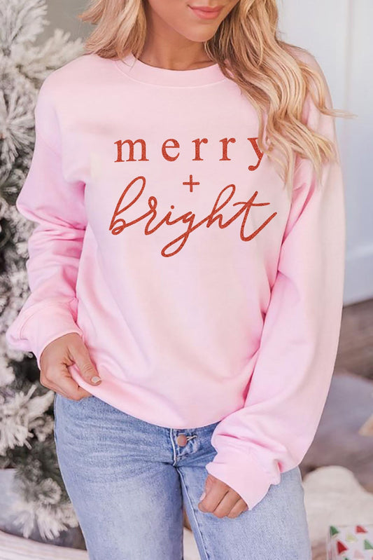 Pink Merry Bright Glitter Pattern Print Crew Neck Sweatshirt