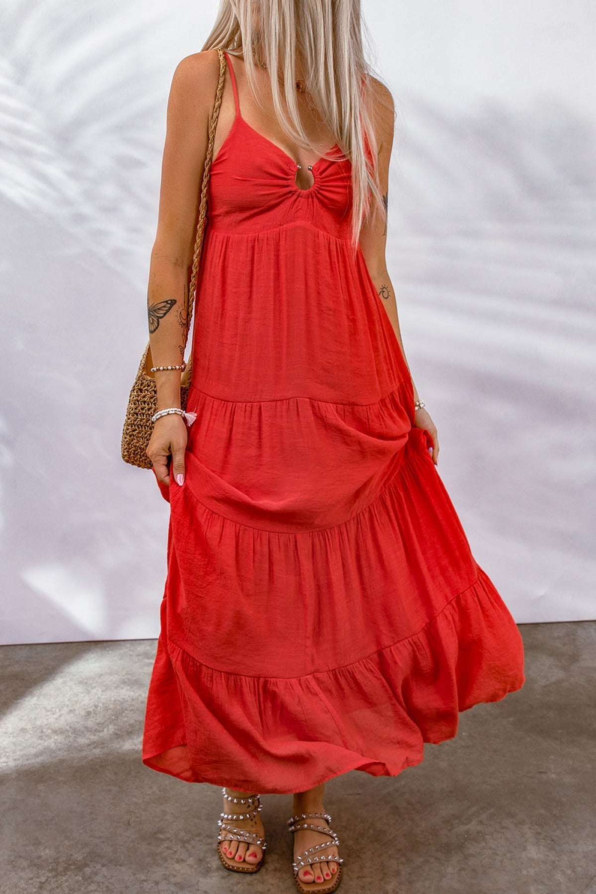 Red O-Ring Smocked Back Spaghetti Straps Tiered Maxi Dress