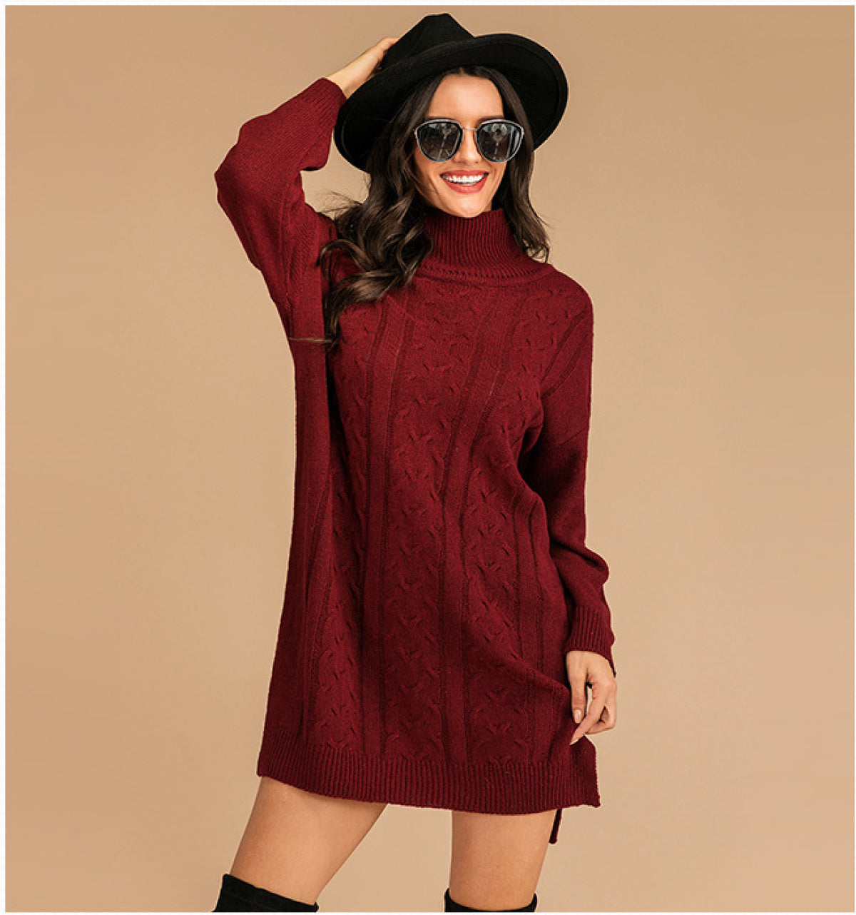 Burgundy Turtleneck Cable Knitted Slit Sweater Dress