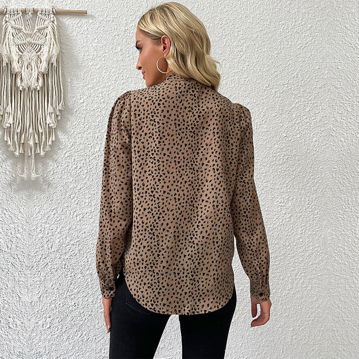 V-Neck Lantern Sleeve Leopard Tie Blouse