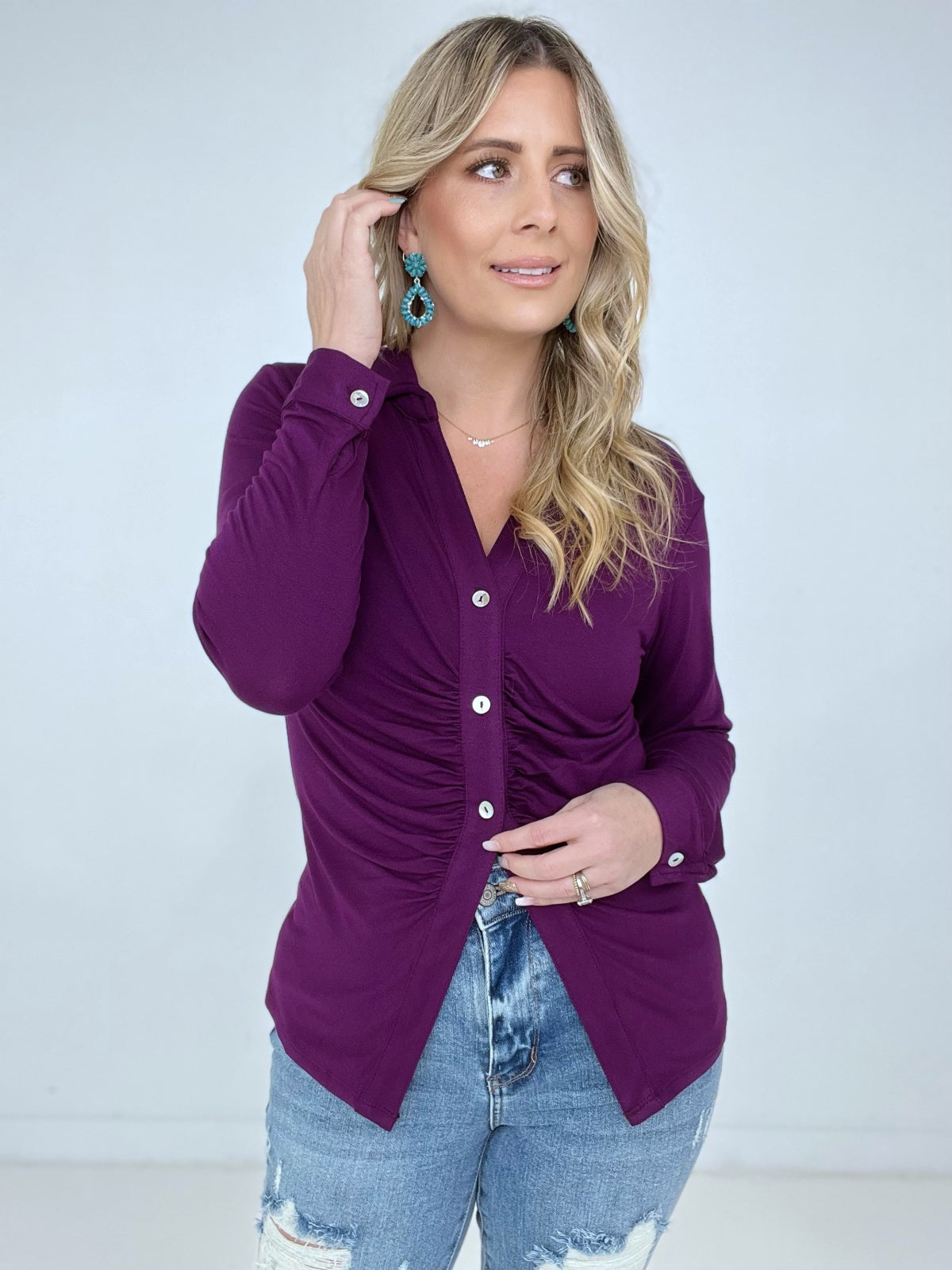 Zenana 'Ruched Romance" Long Sleeve Button Down Top with Ruched Bodice