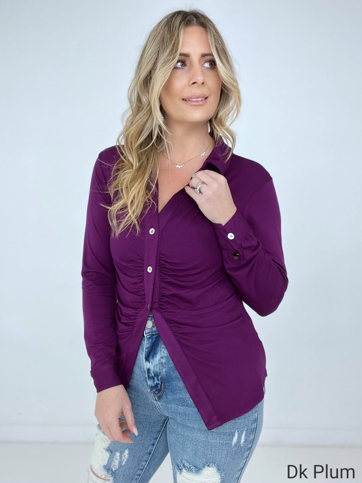 Zenana 'Ruched Romance" Long Sleeve Button Down Top with Ruched Bodice