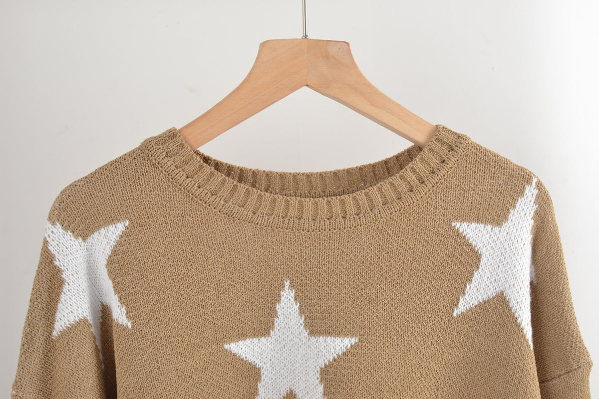 Crew Neck Long Sleeve Stars Graphics Sweater