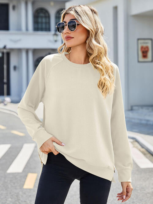 Zip Detail Round Neck Long Sleeve Sweatshirt