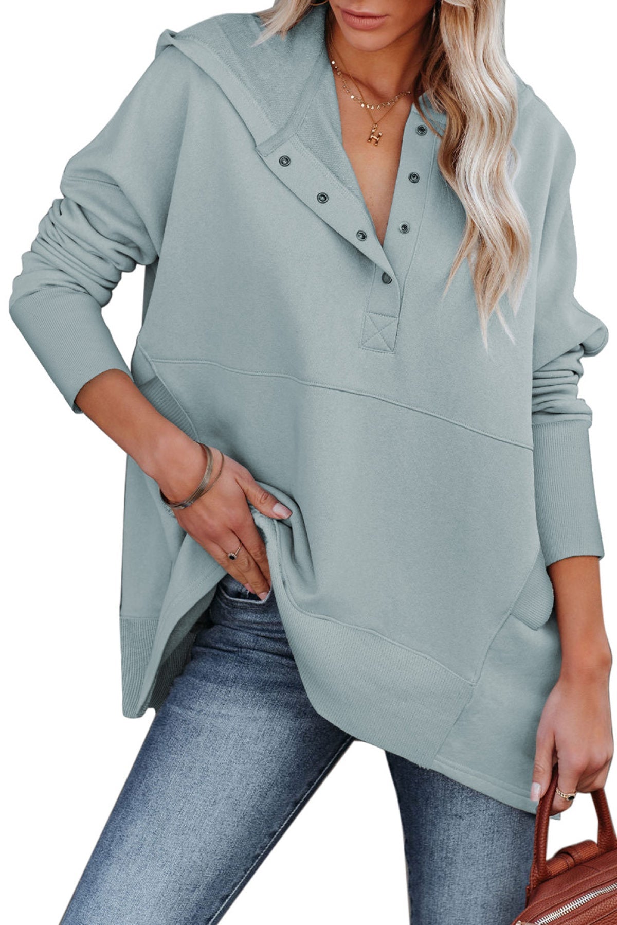 Batwing Sleeve Pocketed Henley Hoodie