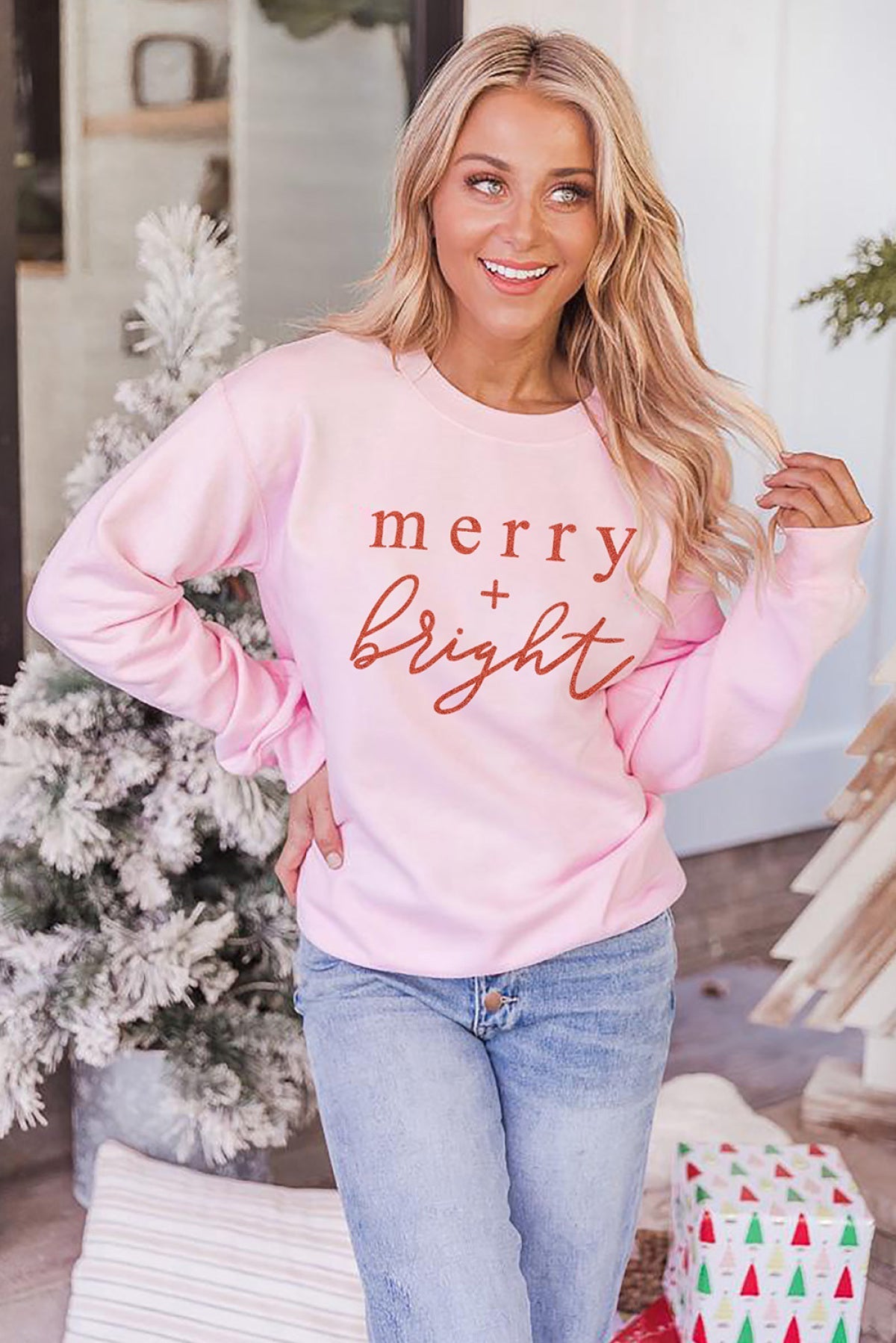 Pink Merry Bright Glitter Pattern Print Crew Neck Sweatshirt