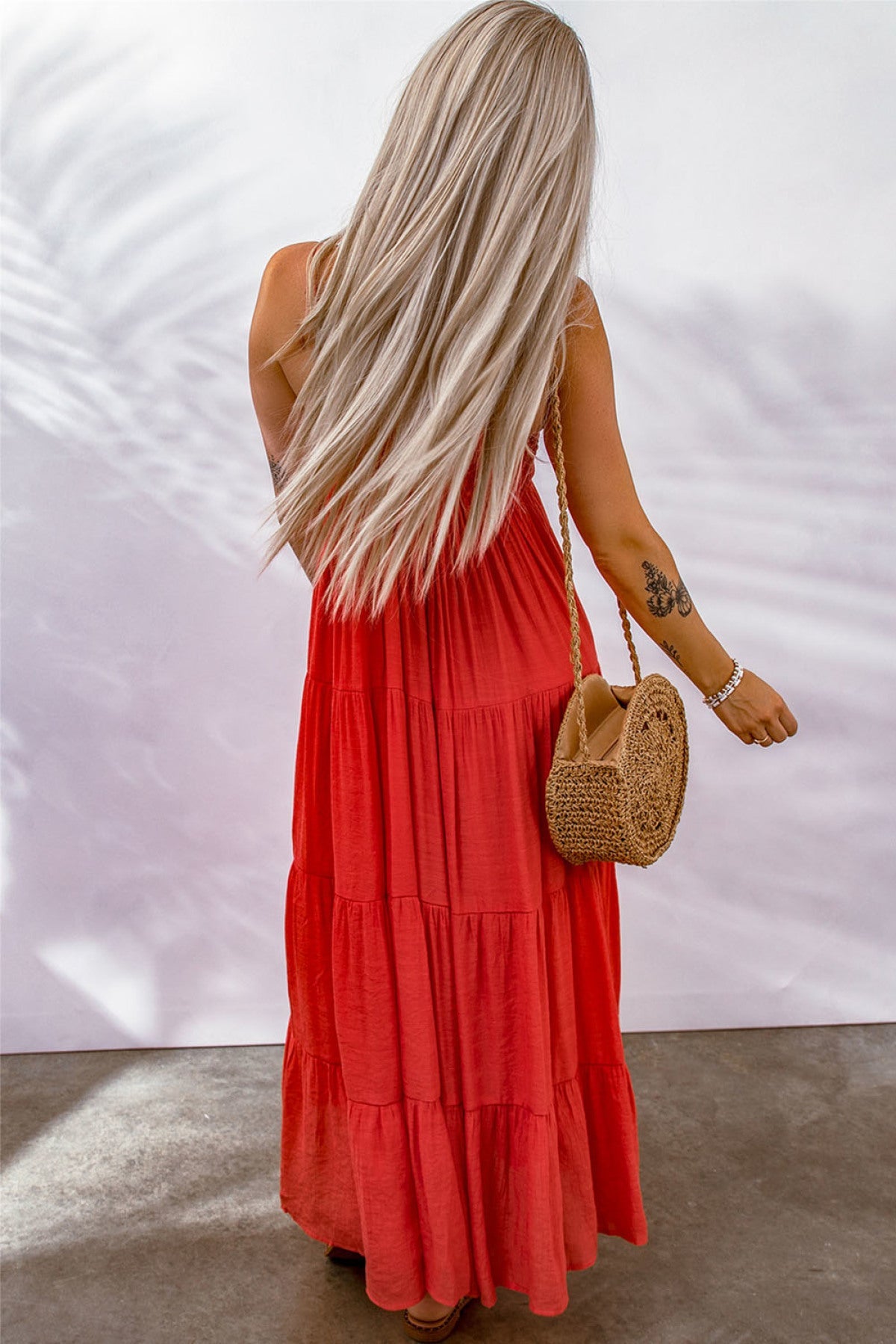 Red O-Ring Smocked Back Spaghetti Straps Tiered Maxi Dress