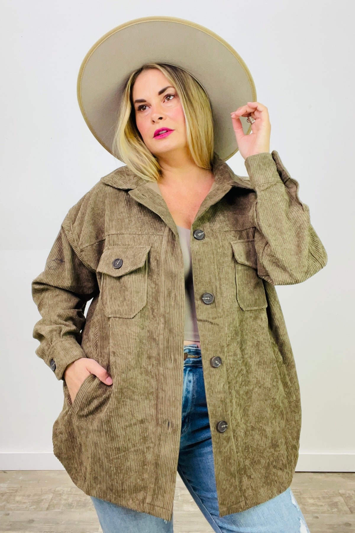 Zenana Oversized Corduroy Button Front Shacket with Pockets