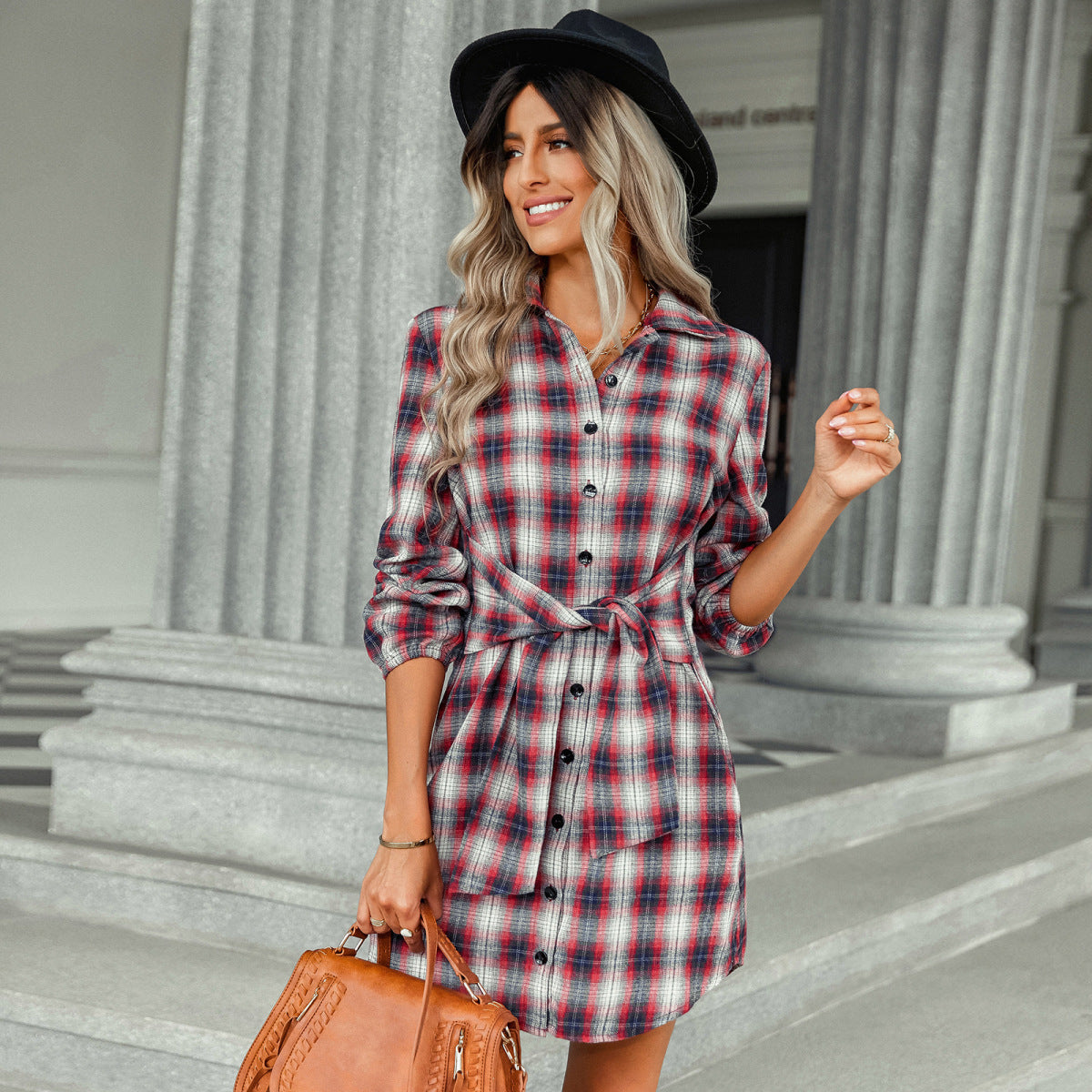 Long Sleeve Plaid Single-Breasted Shirt Dress with Belt