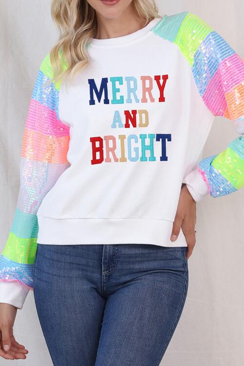 MERRY AND BRIGHT Sequin Long Sleeve Sweatshirt