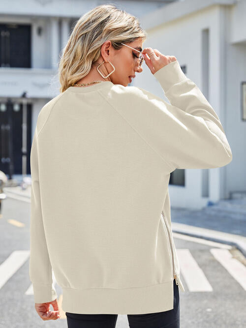 Zip Detail Round Neck Long Sleeve Sweatshirt