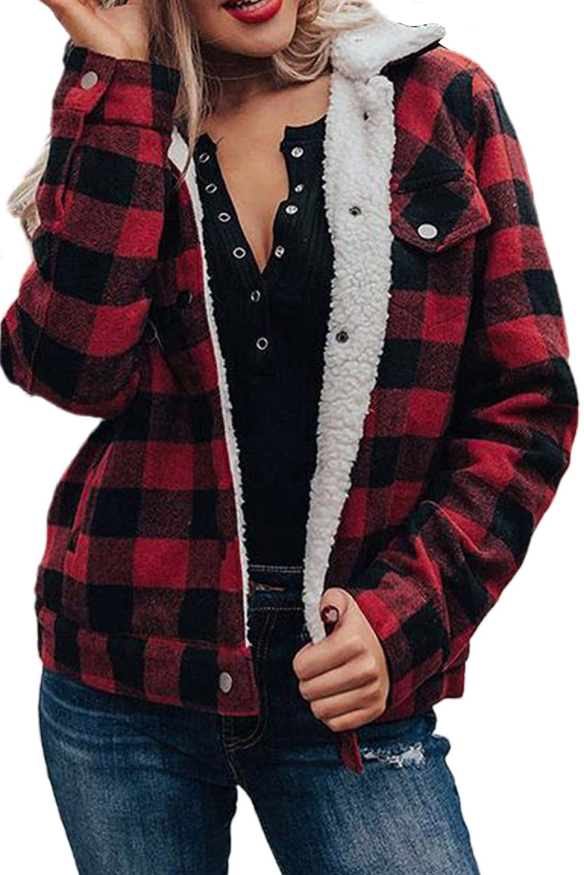 Plaid Print Fleece Button Jacket