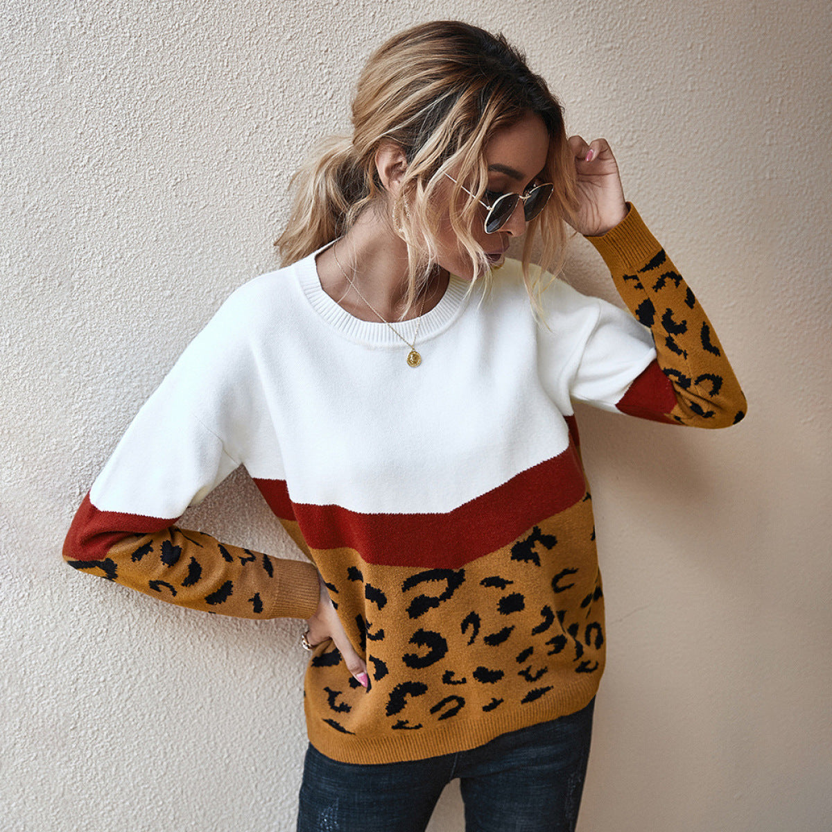 Leopard Round Neck Long Sleeve Sweater