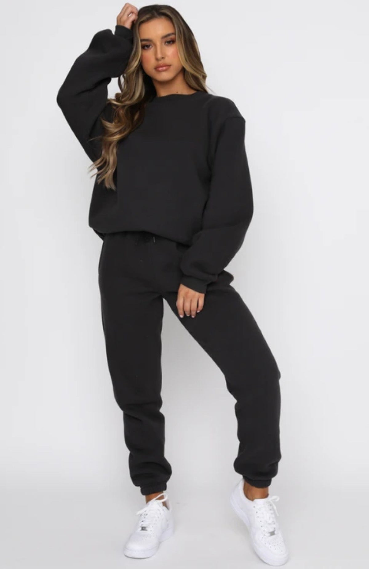 Solid Color Round Neck Long-Sleeved Sweatshirt & Sweatpants Set