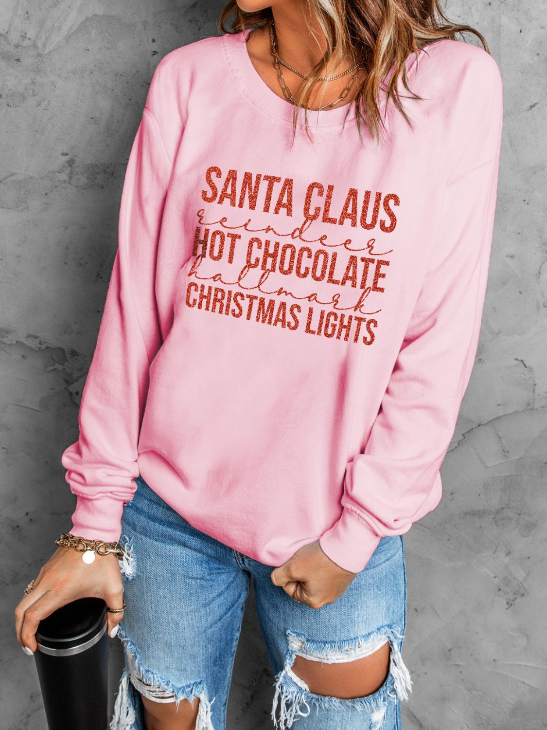 Christmas Letter Graphic Ribbed Trim Sweatshirt