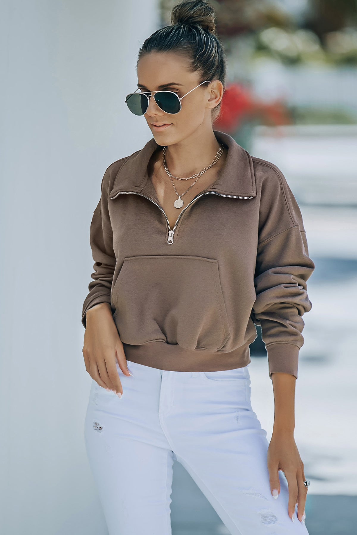 Brown Zipped Turn Down Collar Cropped Sweatshirt With Pocket