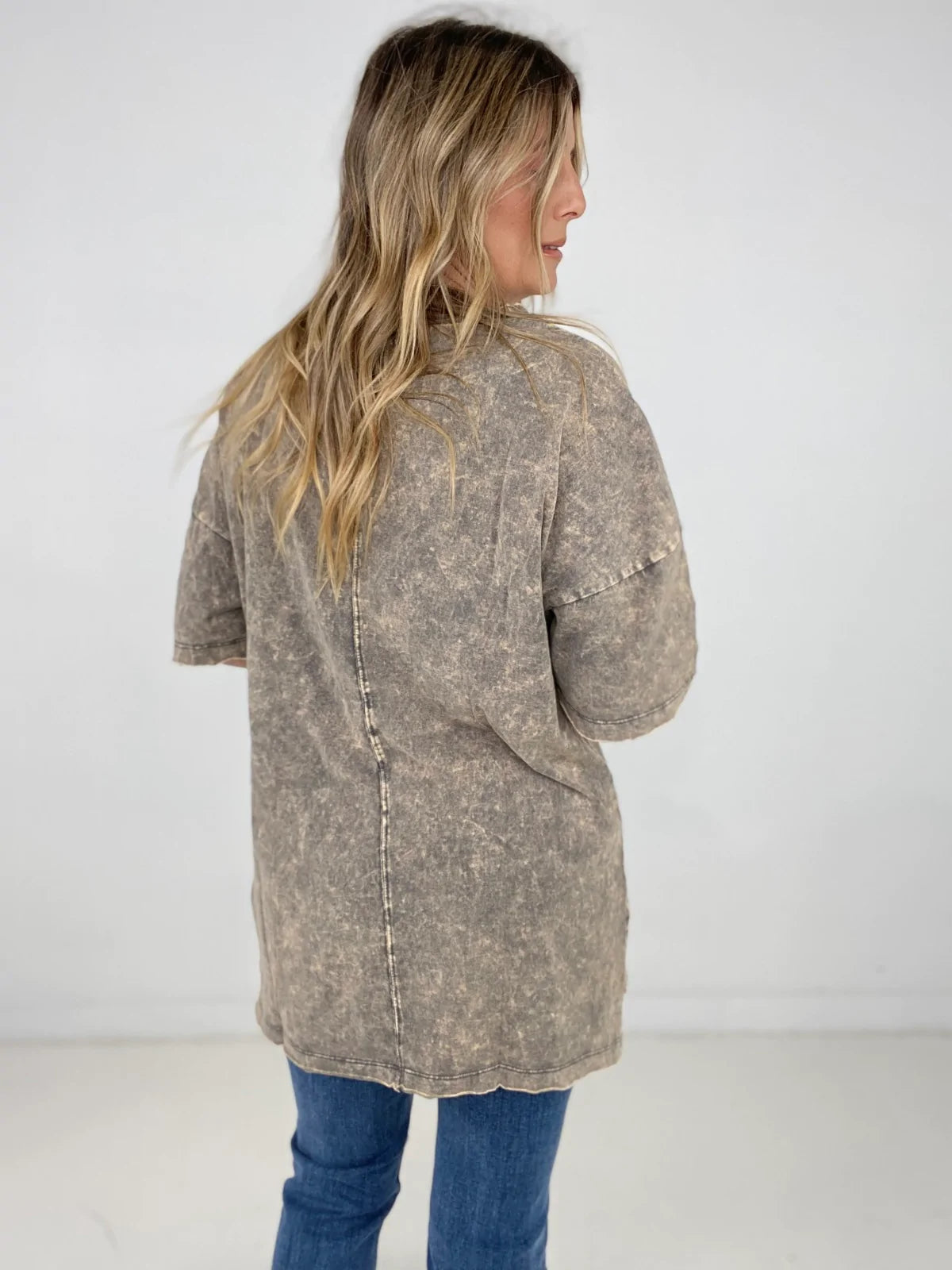 Zenana Acid Wash Front Pocket Raw Edge Top